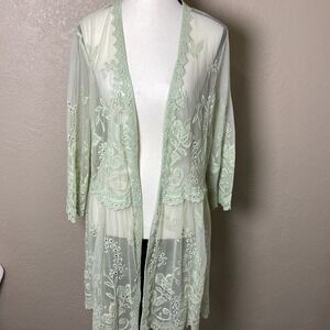 La Bellum by Hillary Scott‎ Embroidered Open‑Front Duster, Light Green, LRG, NWT